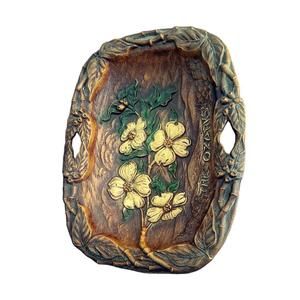 Vintage Ozarks Bowl Nut Dish Faux Wood Resin Magnolia Flowers Dogwood Souvenir